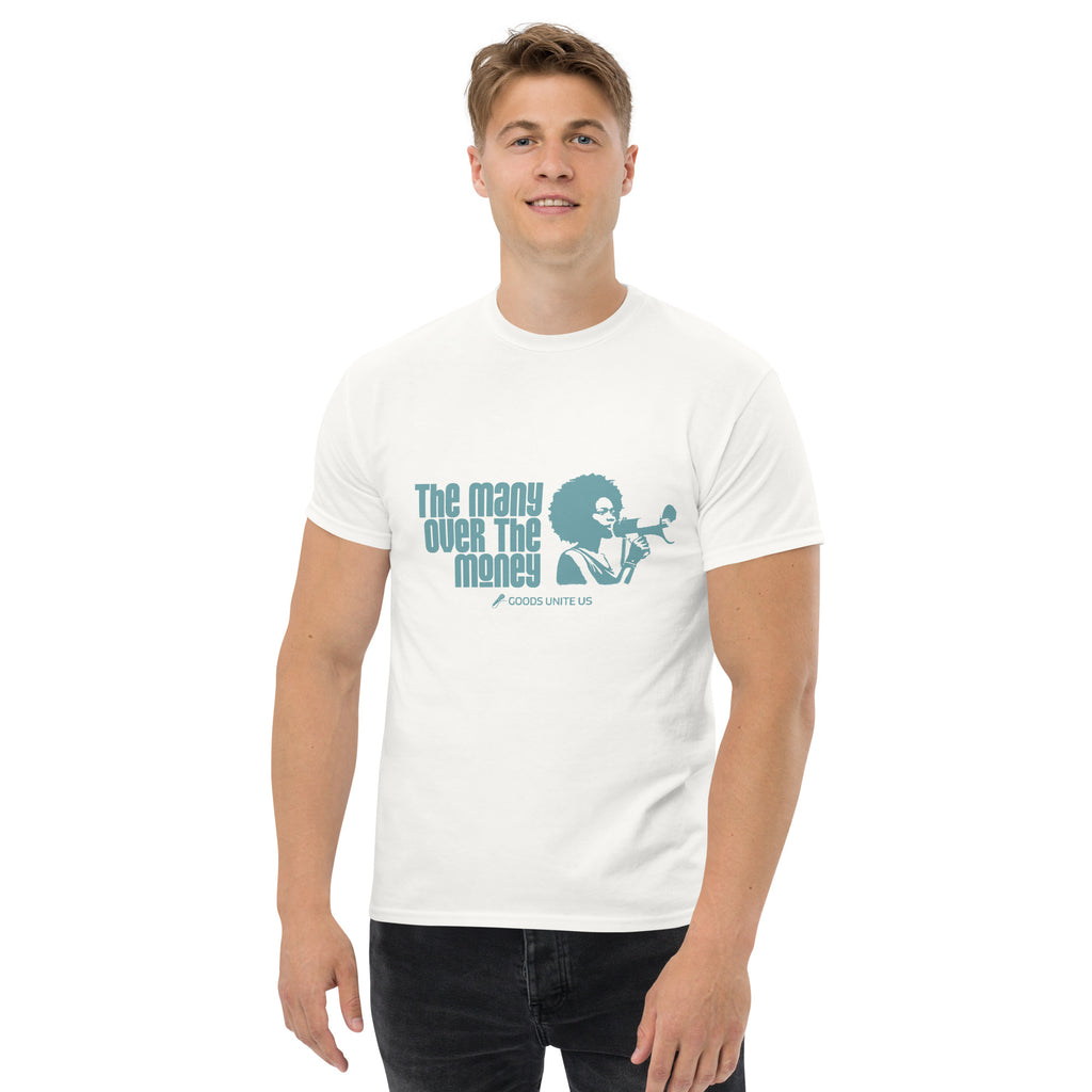 White Unisex classic tee - teal print on front