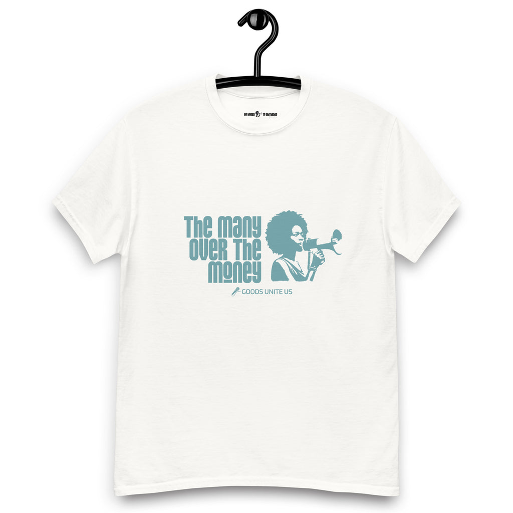 White Unisex classic tee - teal print on front