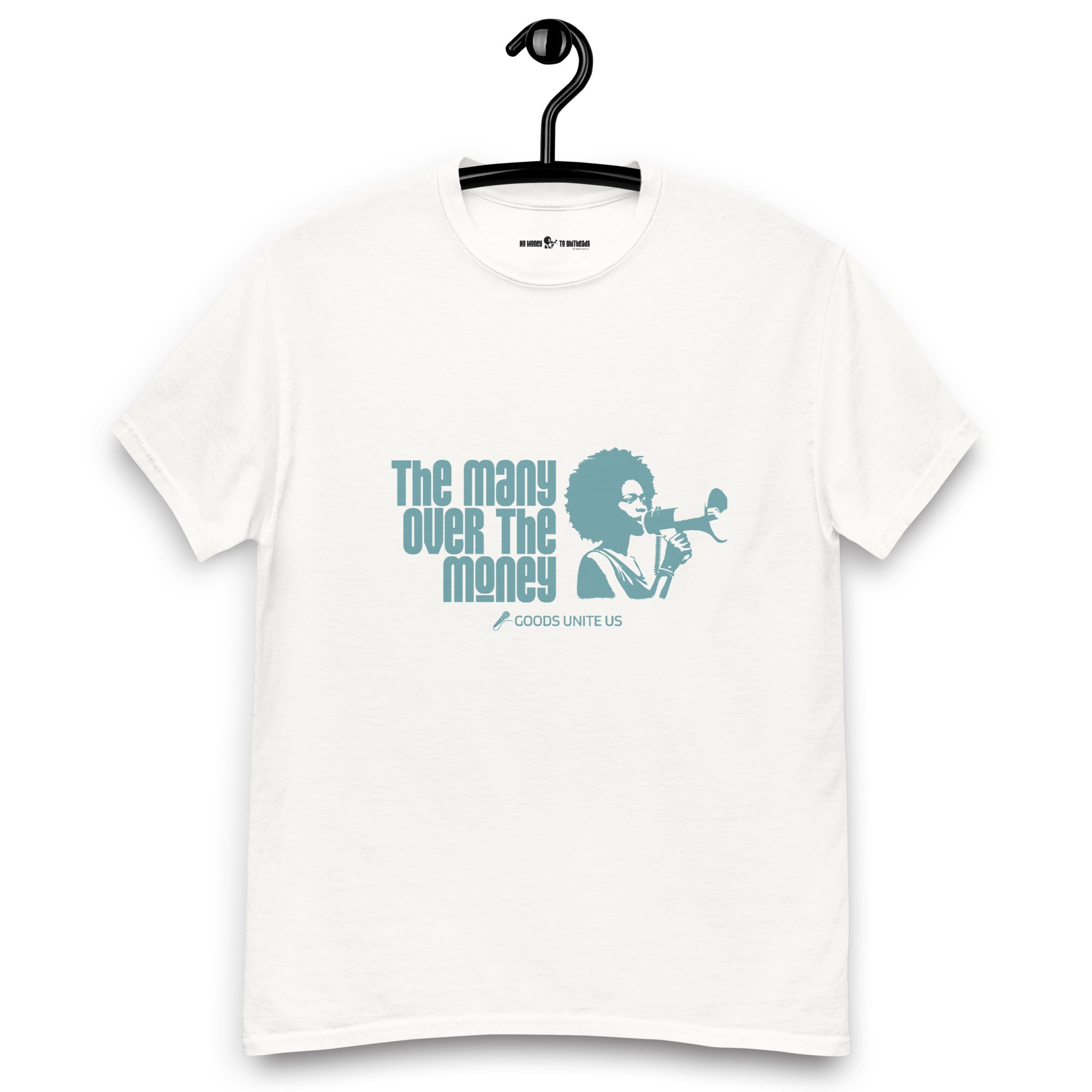 White Unisex classic tee - teal print on front