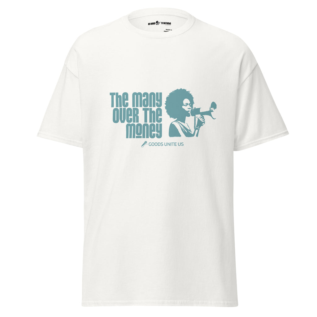White Unisex classic tee - teal print on front