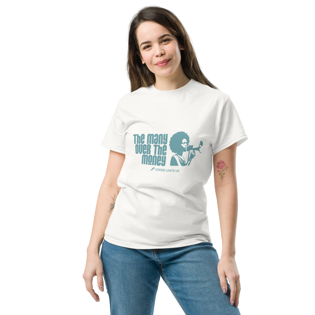 White Unisex classic tee - teal print on front