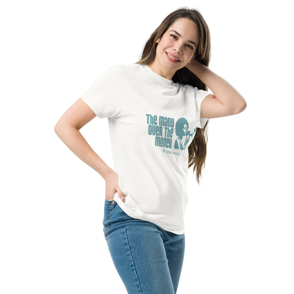 White Unisex classic tee - teal print on front